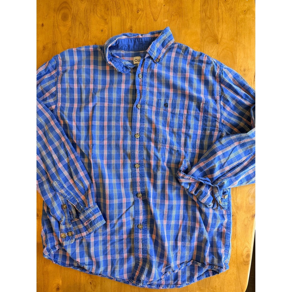 Carhartt Mens Blue Red Plaid Long Sleeve Button Down Cotton Shirt Large 0634